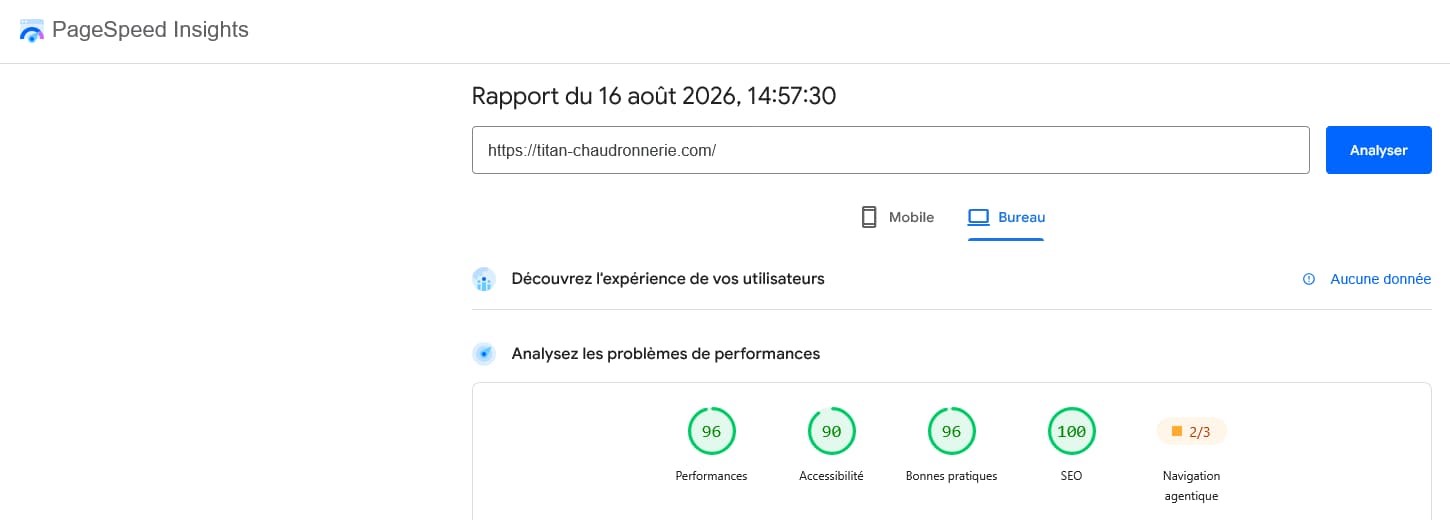 Performances PageSpeed Insights ordinateur du site Titan Chaudronnerie